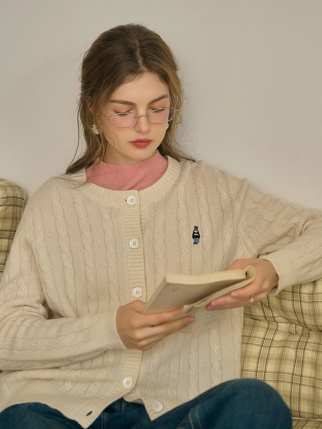 Louisa Classic Round Neck Embroidered Knitted Cardigan-Apricot sold by Simple Retro product image thumbnail 4