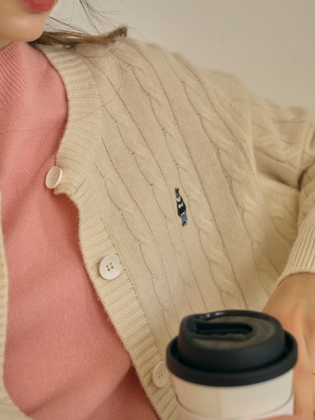 Louisa Classic Round Neck Embroidered Knitted Cardigan-Apricot sold by Simple Retro product image thumbnail 2