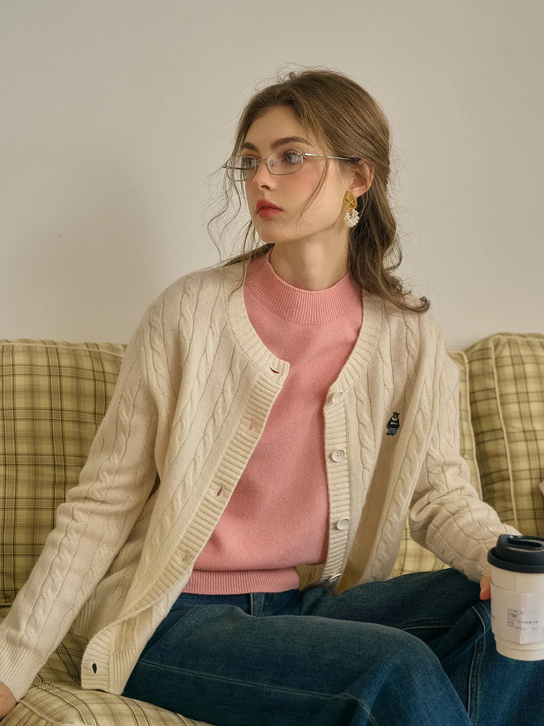 Louisa Classic Round Neck Embroidered Knitted Cardigan-Apricot sold by Simple Retro