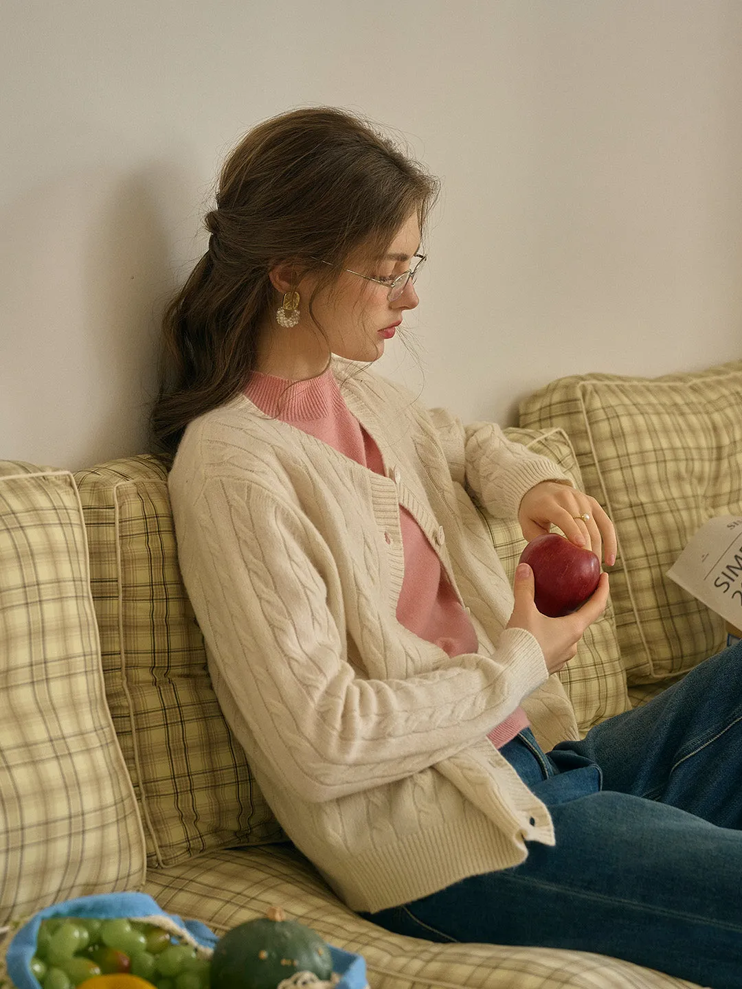 Louisa Classic Round Neck Embroidered Knitted Cardigan-Apricot sold by Simple Retro product image thumbnail 5