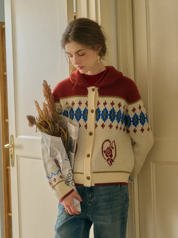 Samira Vintage Lapel SR Exclusive Design Rose Jacquard Fair Isle Cardigan sold by Simple Retro