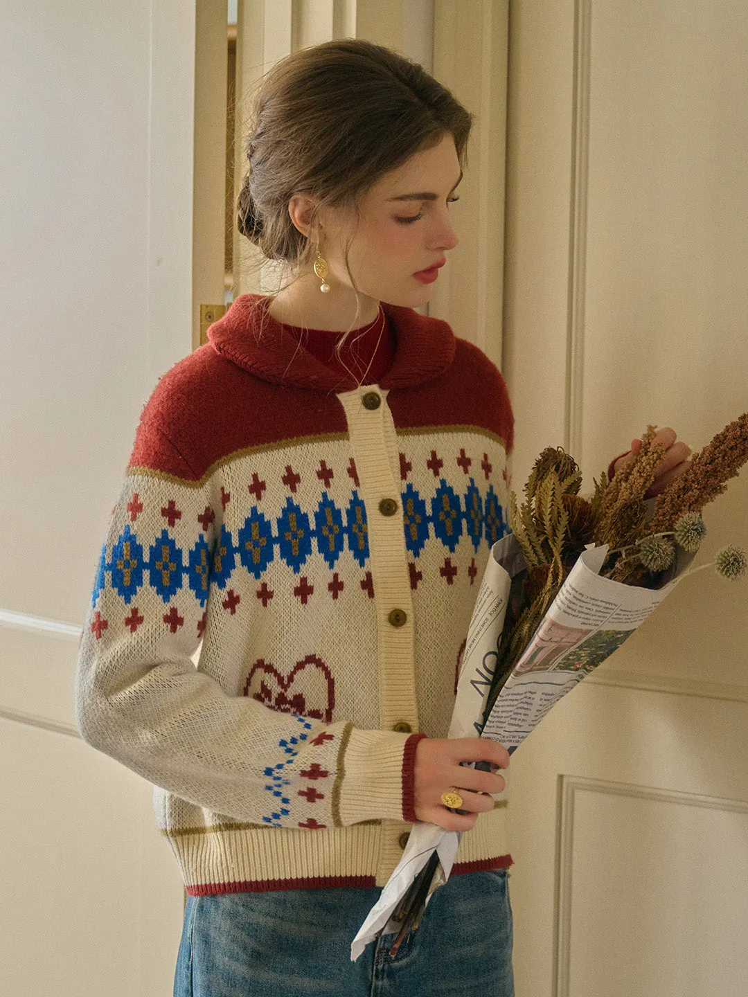 Samira Vintage Lapel SR Exclusive Design Rose Jacquard Fair Isle Cardigan sold by Simple Retro product image thumbnail 4