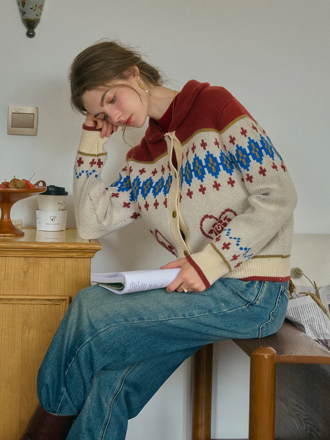 Samira Vintage Lapel SR Exclusive Design Rose Jacquard Fair Isle Cardigan sold by Simple Retro product image thumbnail 5