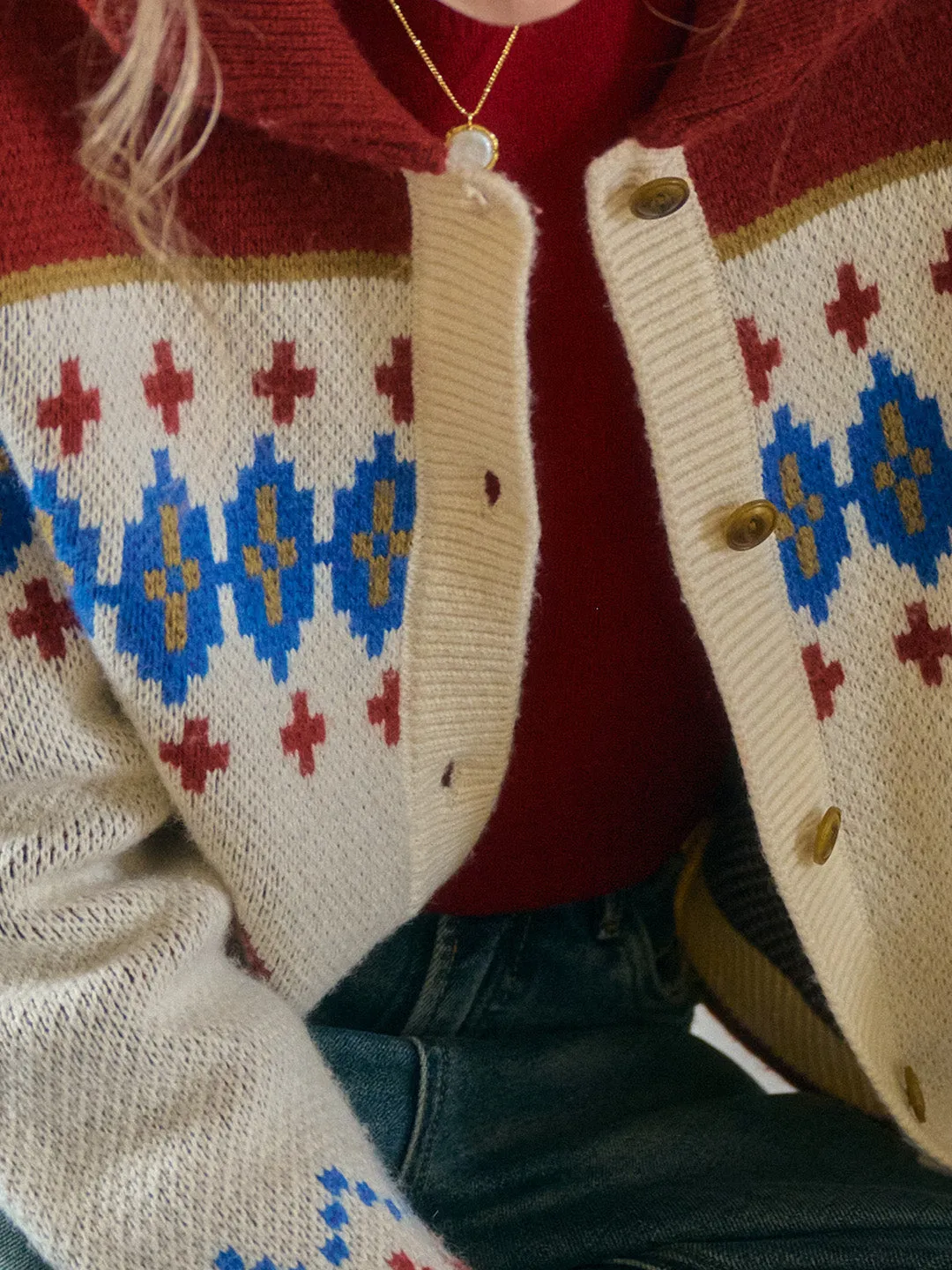 Samira Vintage Lapel SR Exclusive Design Rose Jacquard Fair Isle Cardigan sold by Simple Retro product image thumbnail 2