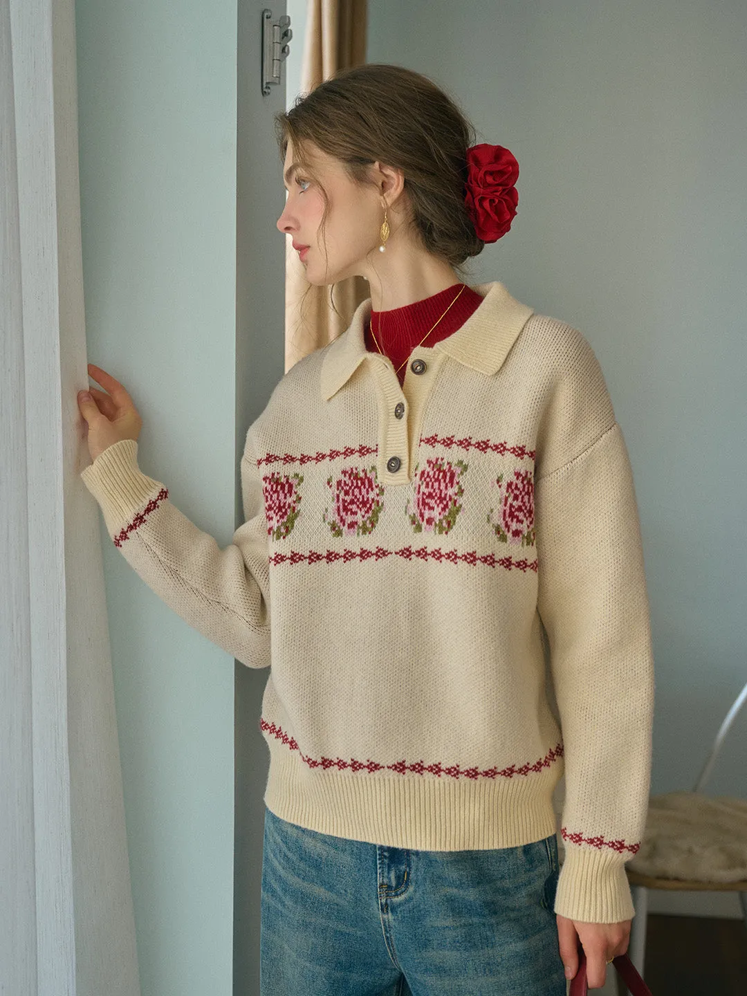 Lea Knitted POLO Collar Rose Jacquard Fair Isle Sweater sold by Simple Retro product image thumbnail 5