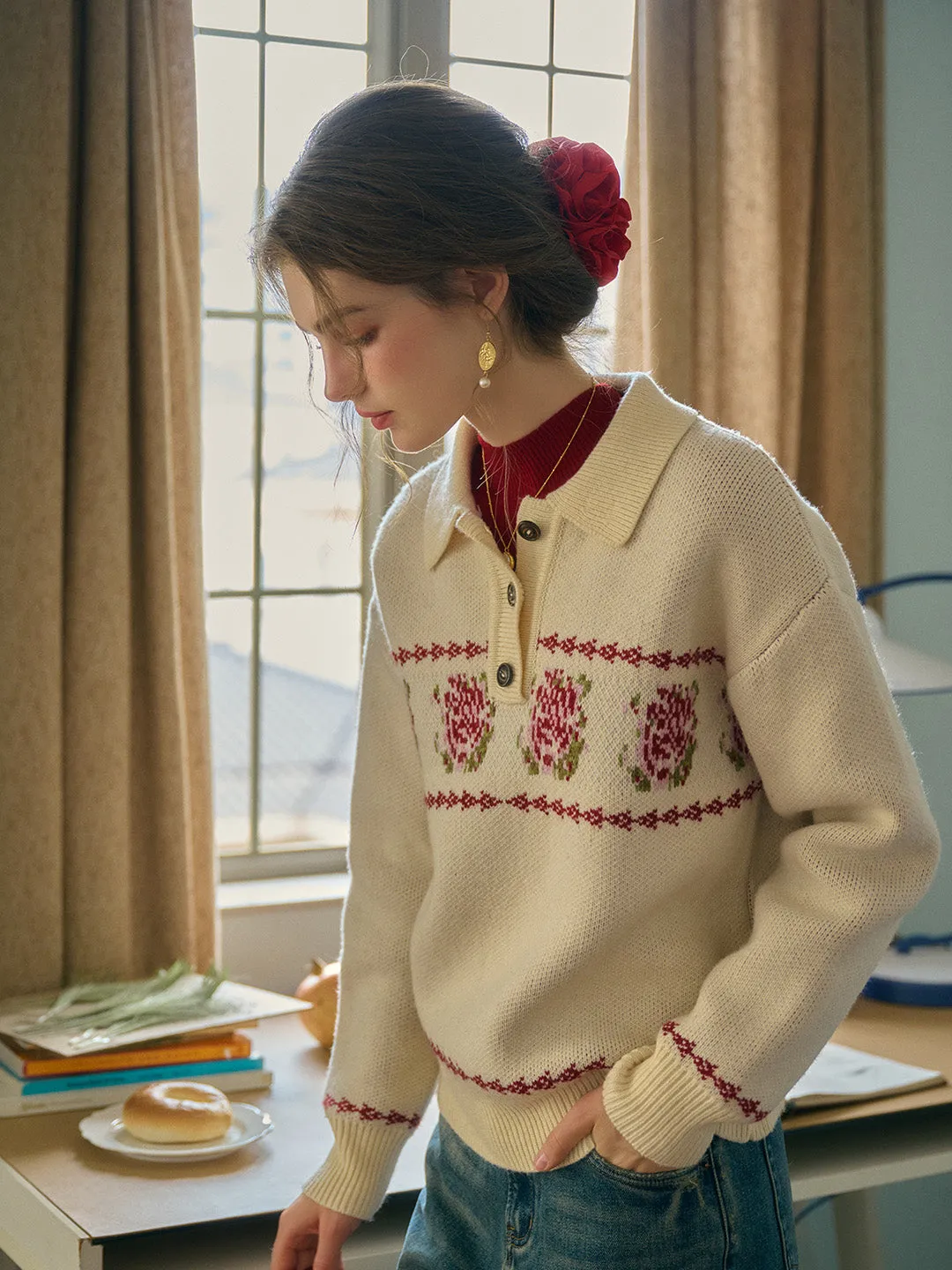 Lea Knitted POLO Collar Rose Jacquard Fair Isle Sweater sold by Simple Retro product image thumbnail 4
