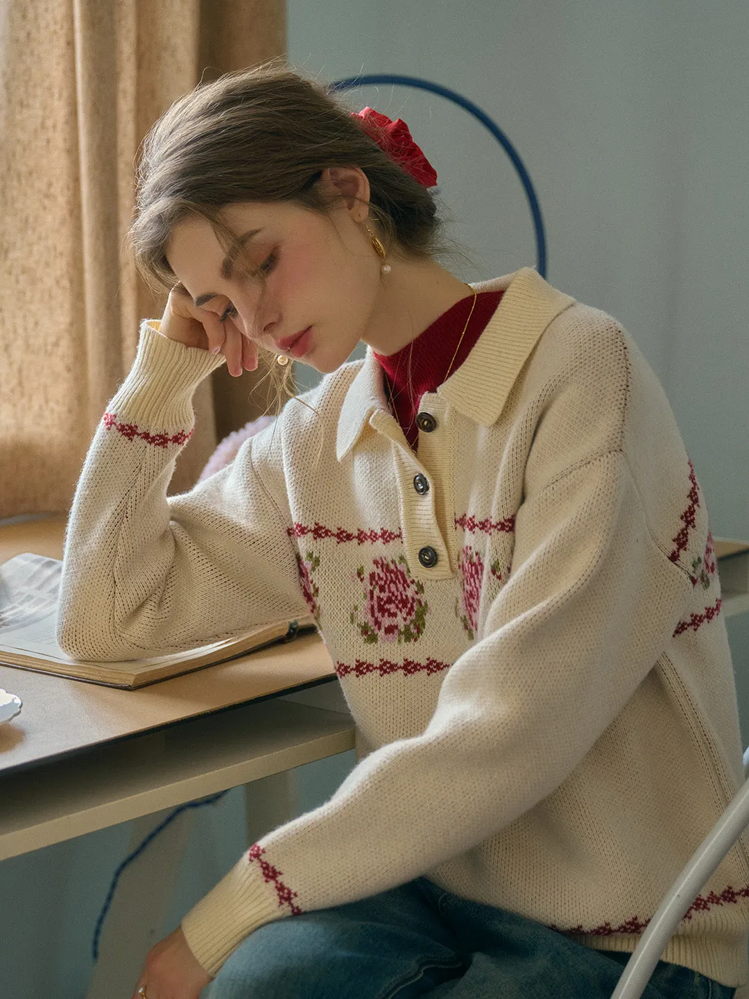 Lea Knitted POLO Collar Rose Jacquard Fair Isle Sweater sold by Simple Retro product image thumbnail 3