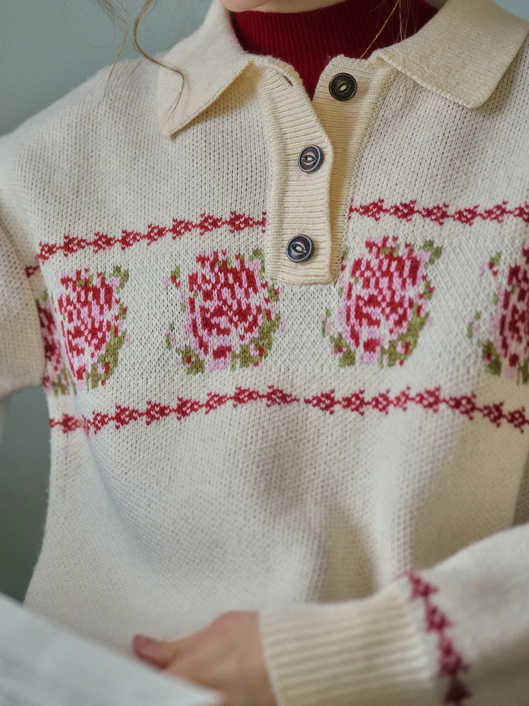 Lea Knitted POLO Collar Rose Jacquard Fair Isle Sweater sold by Simple Retro product image thumbnail 2