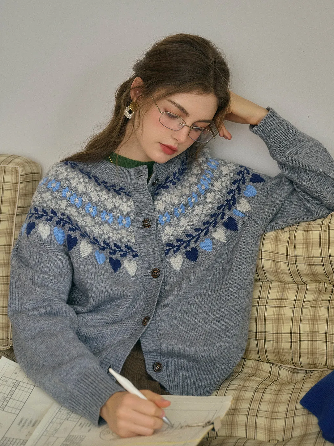 Jessie Classic Crew Collar SR Exclusive Design Fair Isle Cardigan-Gray sold by Simple Retro