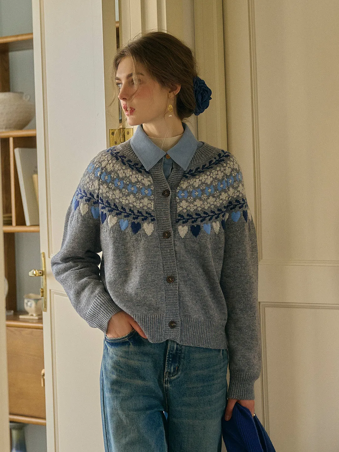 Jessie Classic Crew Collar SR Exclusive Design Fair Isle Cardigan-Gray sold by Simple Retro product image thumbnail 2