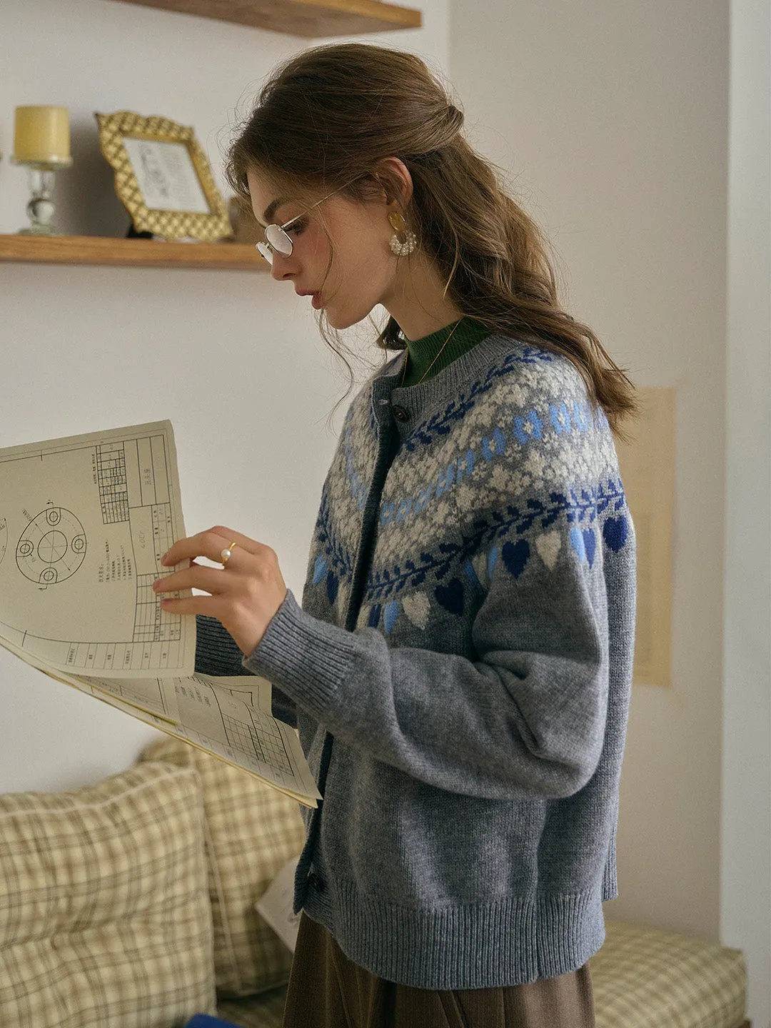 Jessie Classic Crew Collar SR Exclusive Design Fair Isle Cardigan-Gray sold by Simple Retro product image thumbnail 4