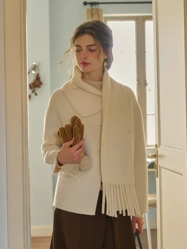 Bellamy Dropped Shoulders Tassel Collar Wool Coat (With Detachable Fringed Scarf) sold by Simple Retro