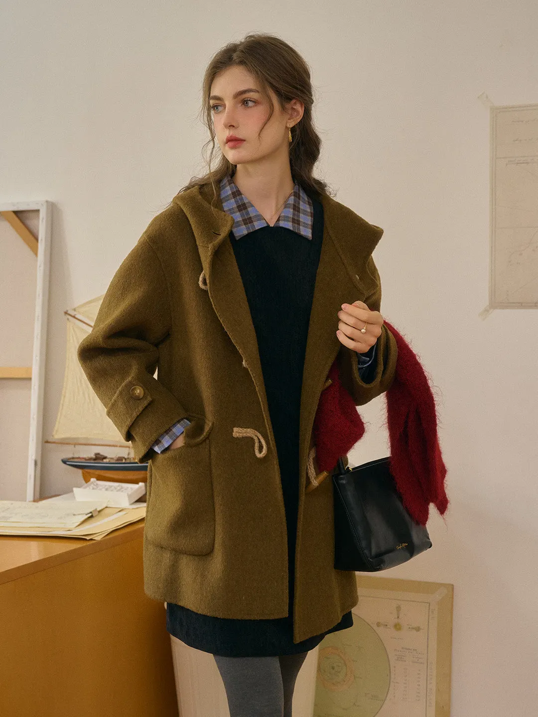 Veda Artistic Double-Breasted Horn Button Dropped shoulders Hooded Pocket Wool Coat sold by Simple Retro