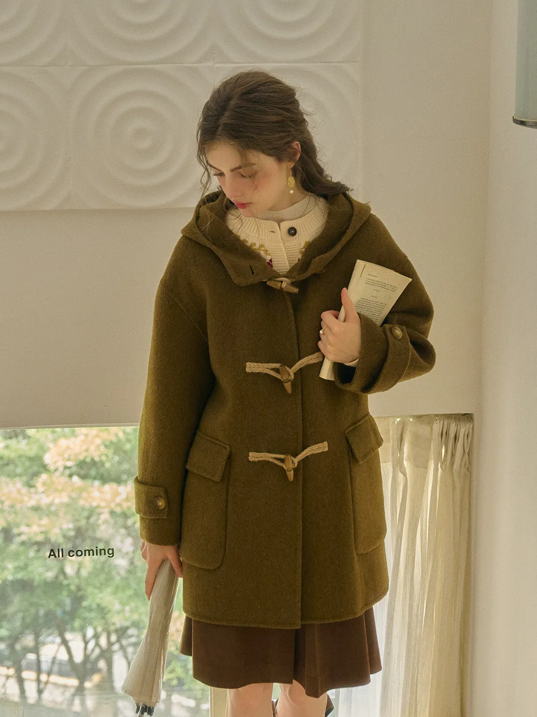 Veda Artistic Double-Breasted Horn Button Dropped shoulders Hooded Pocket Wool Coat sold by Simple Retro product image thumbnail 5