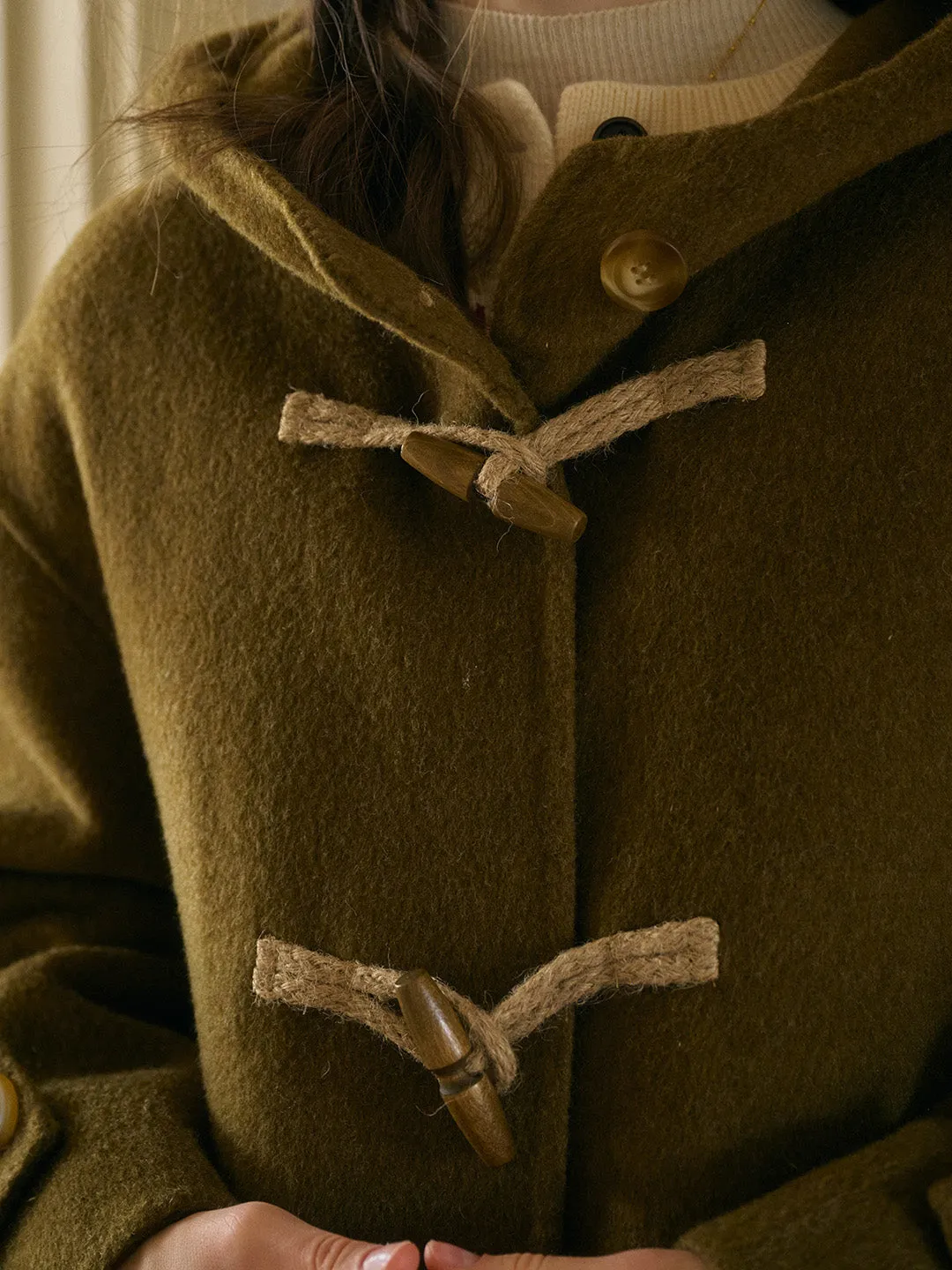 Veda Artistic Double-Breasted Horn Button Dropped shoulders Hooded Pocket Wool Coat sold by Simple Retro product image thumbnail 2