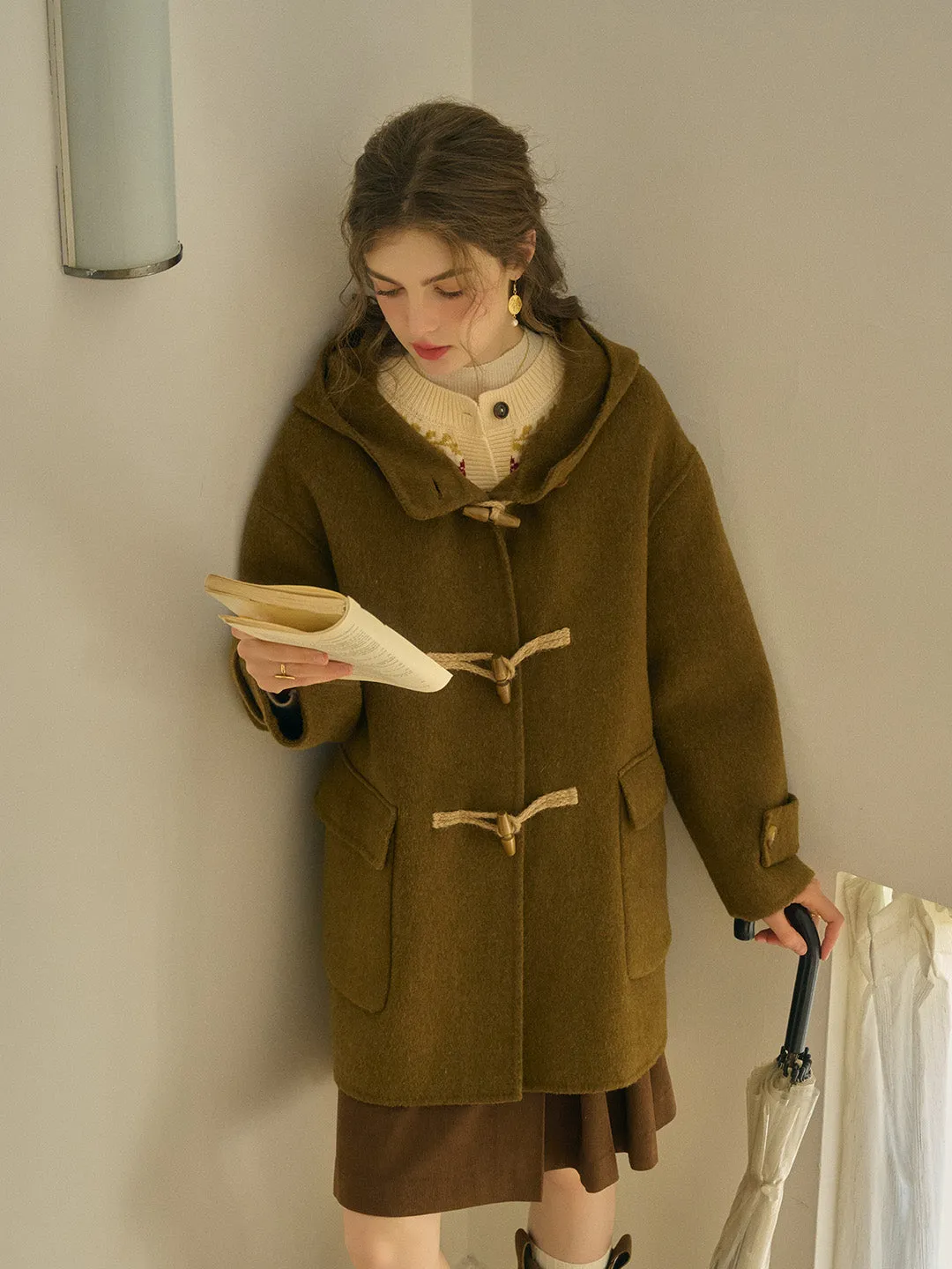 Veda Artistic Double-Breasted Horn Button Dropped shoulders Hooded Pocket Wool Coat sold by Simple Retro product image thumbnail 4