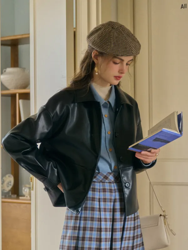 Dania Classic Notched Collar Straight-Cut Leather Jacket sold by Simple Retro