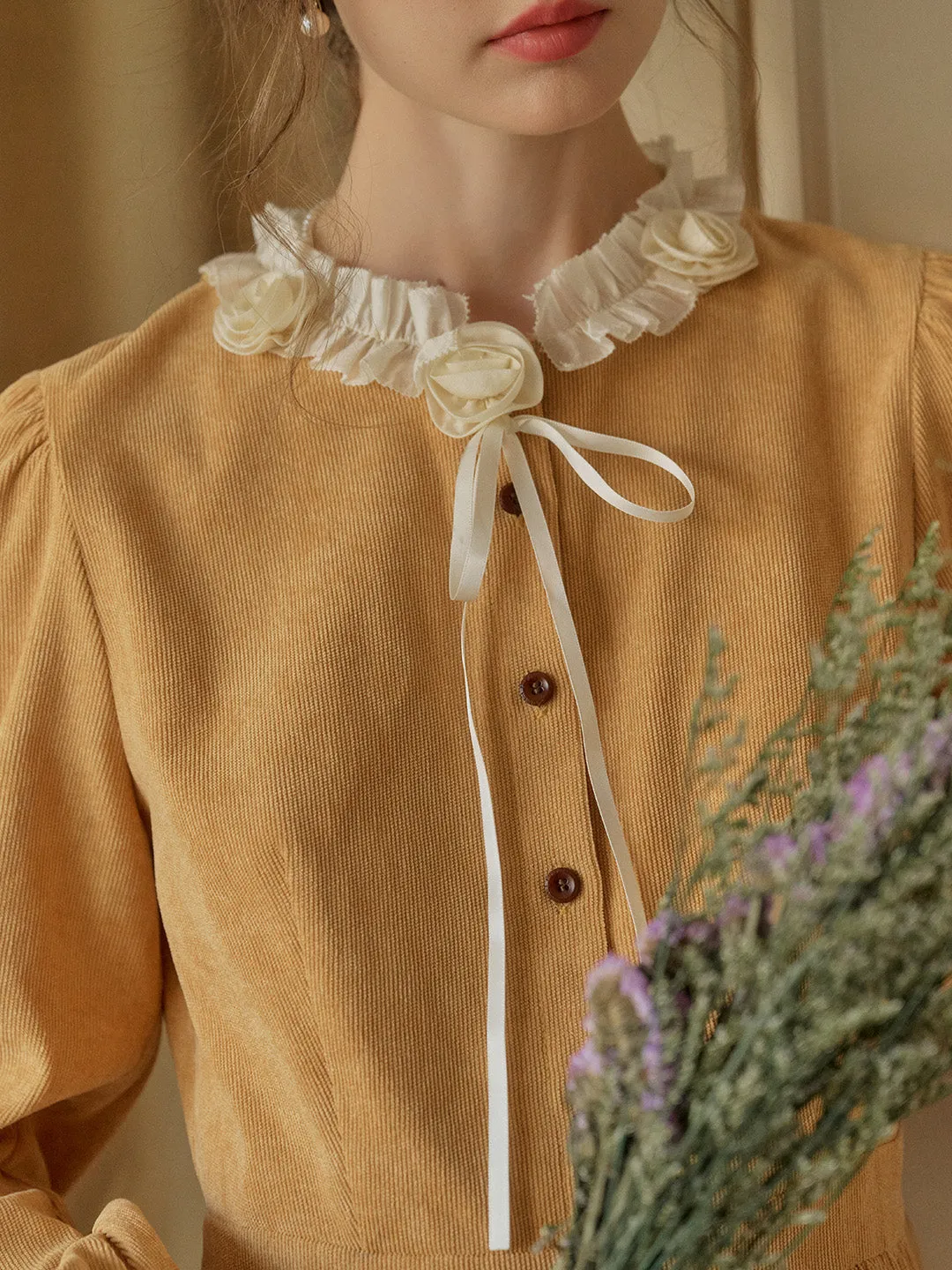 Amiri Romantic 3D Crochet Flowers Trimmed Corduroy Dress sold by Simple Retro product image thumbnail 4