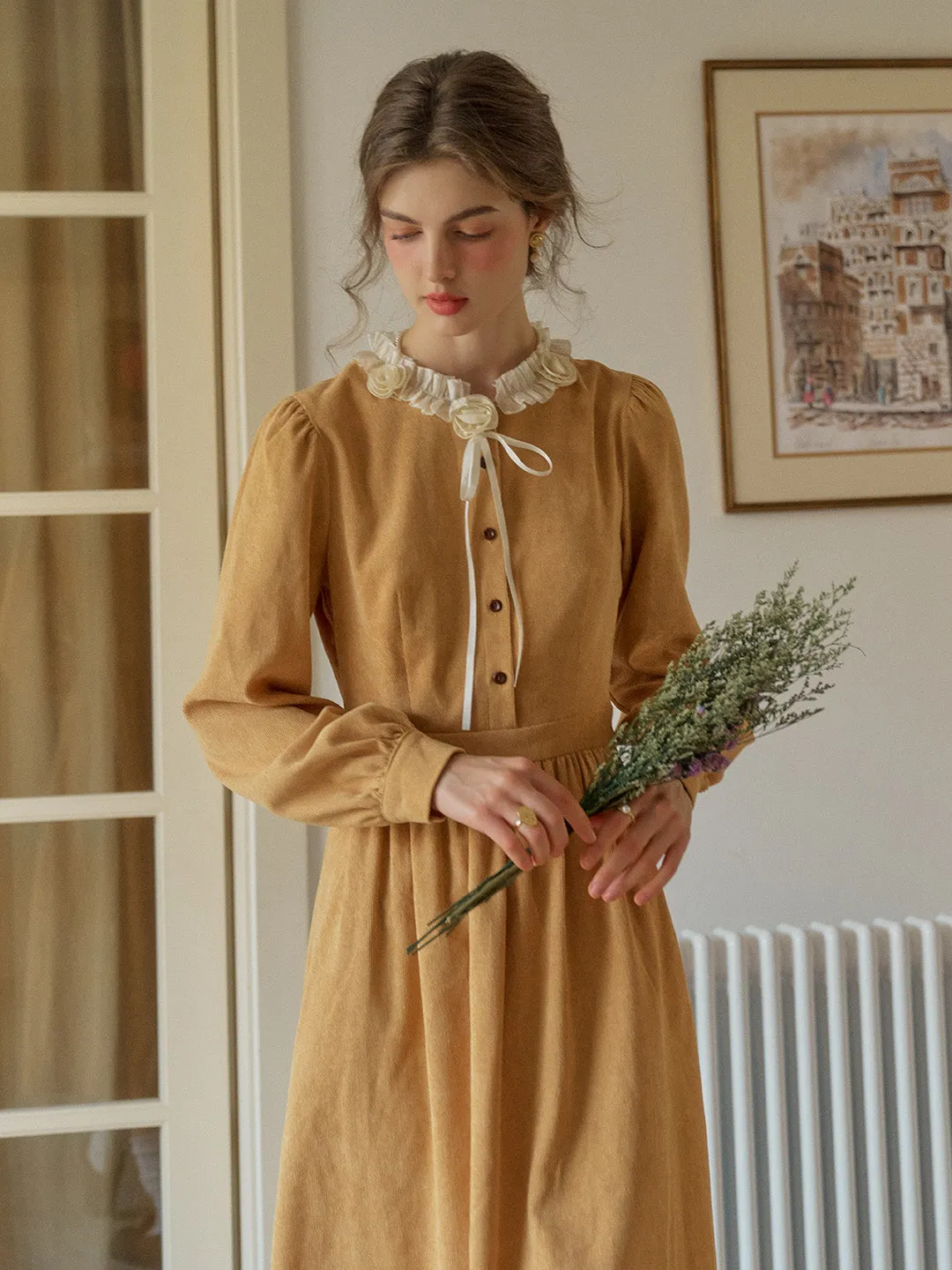 Amiri Romantic 3D Crochet Flowers Trimmed Corduroy Dress sold by Simple Retro product image thumbnail 2