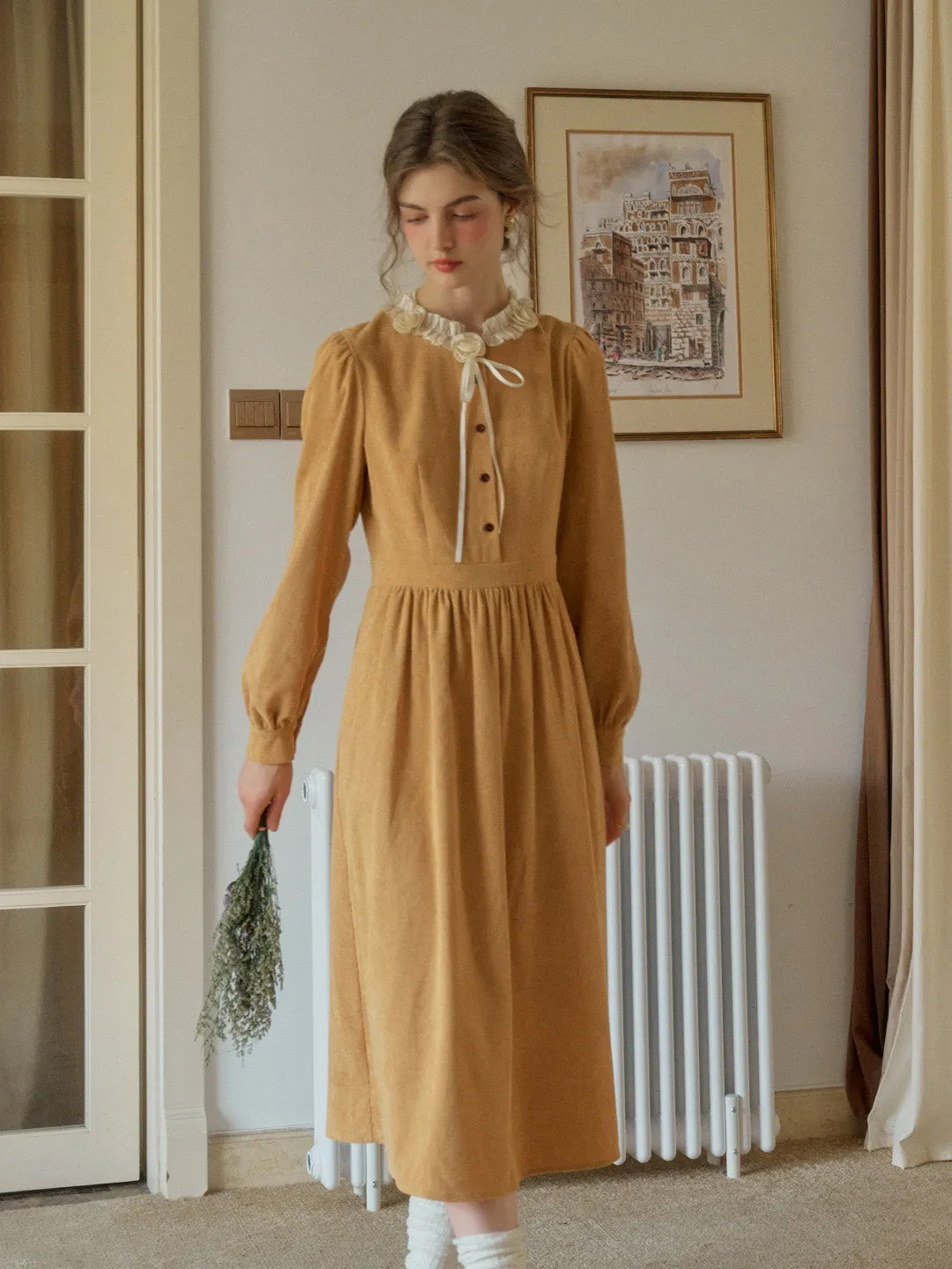 Amiri Romantic 3D Crochet Flowers Trimmed Corduroy Dress sold by Simple Retro