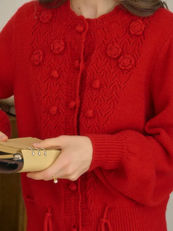 Maddie Round Neck Hollow 3D Flower Knitted Wool Cardigan - Red sold by Simple Retro