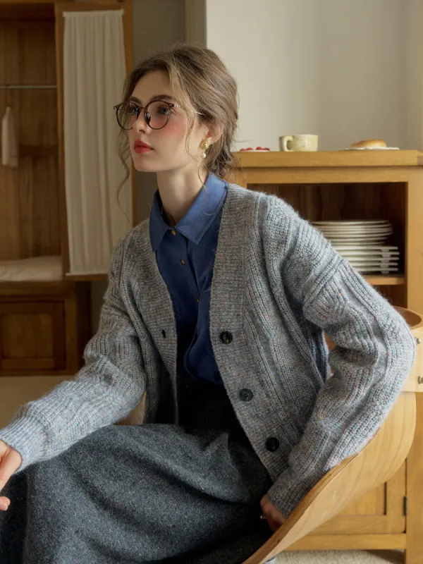 Elina Versatile V-Neck Knitted Textured Wool Cardigan - Gray sold by Simple Retro