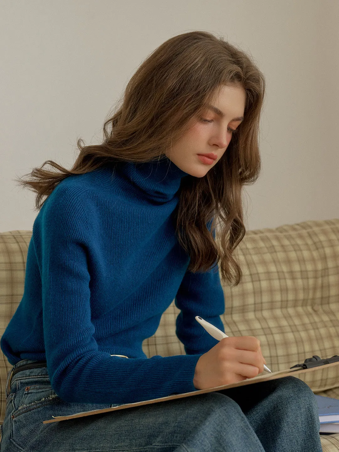 Yasmin Simple Turtleneck Slim Fit Wool& Cashmere Sweater - Blue sold by Simple Retro