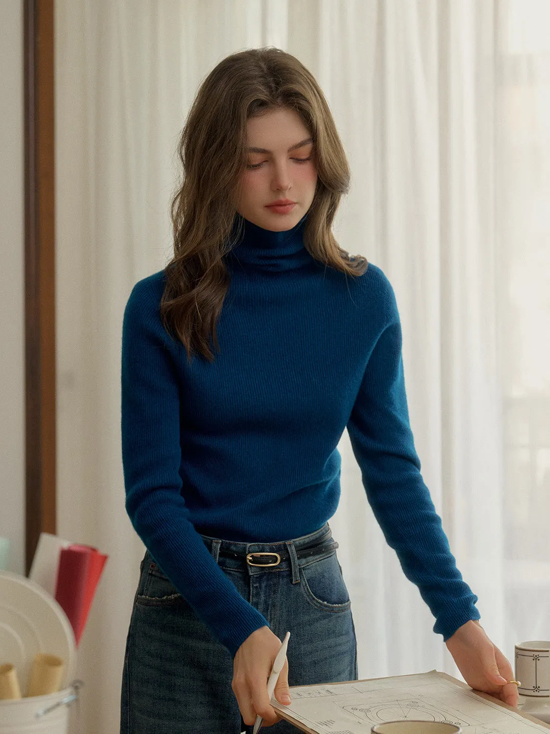 Yasmin Simple Turtleneck Slim Fit Wool& Cashmere Sweater - Blue sold by Simple Retro product image thumbnail 3