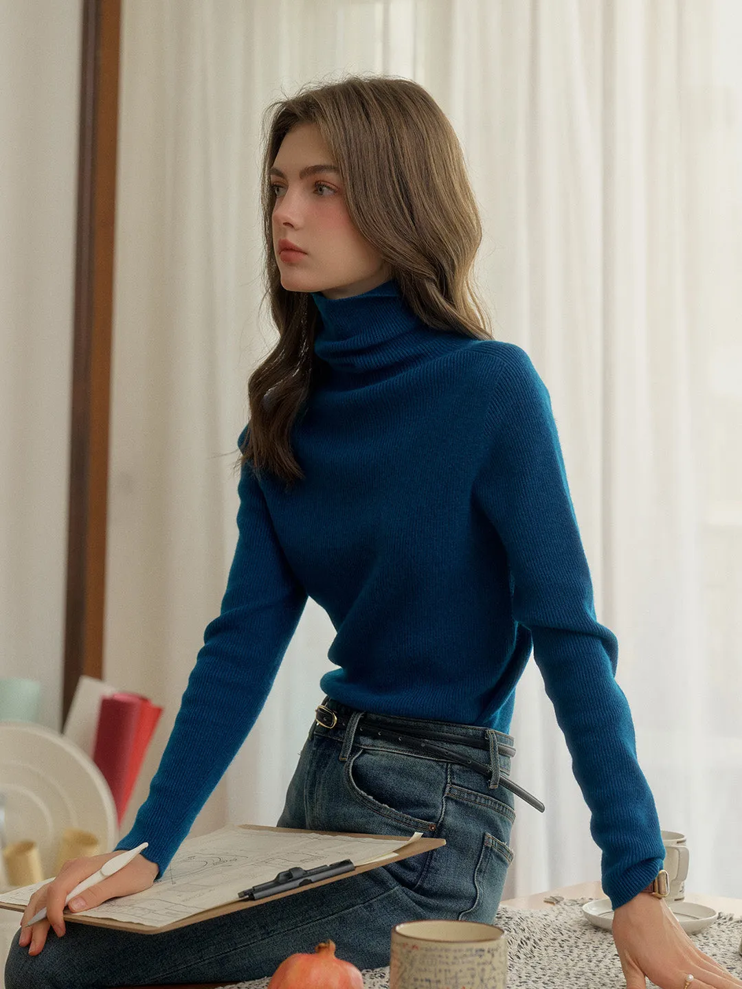 Yasmin Simple Turtleneck Slim Fit Wool& Cashmere Sweater - Blue sold by Simple Retro product image thumbnail 4