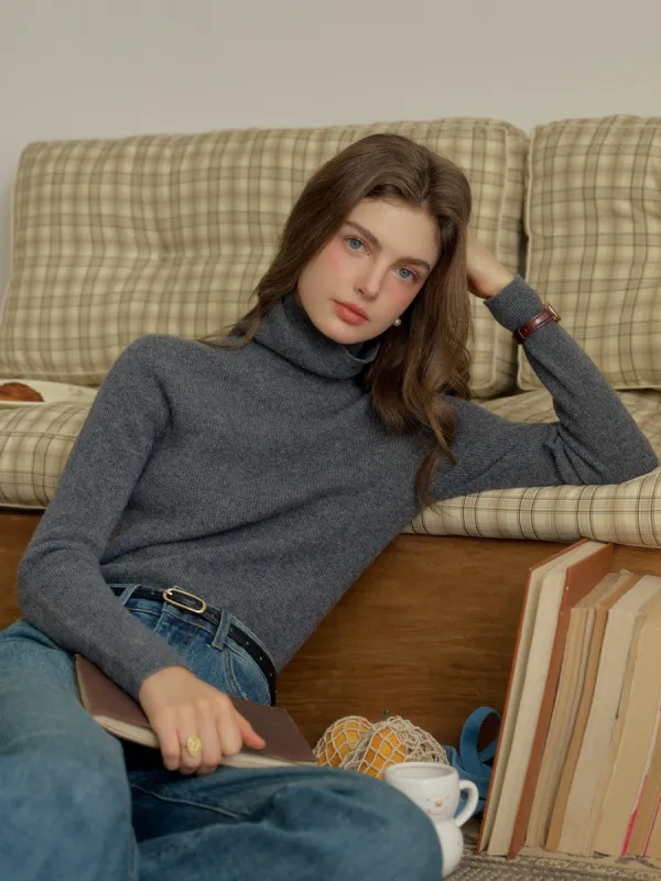 Yasmin Simple Turtleneck Slim Fit Wool& Cashmere Sweater - Gray sold by Simple Retro