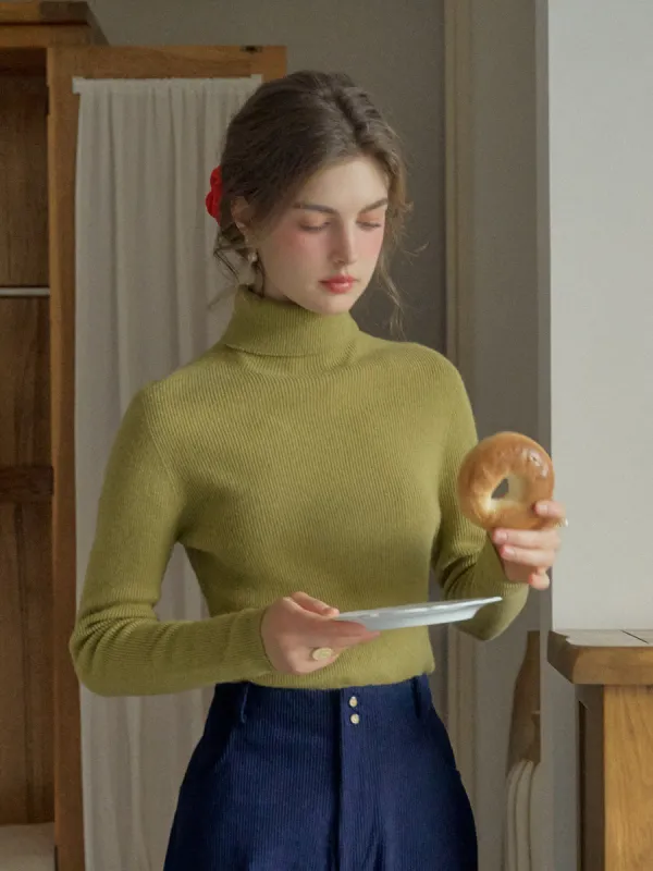 Yasmin Simple Turtleneck Slim Fit Wool& Cashmere Sweater - Yellow Green sold by Simple Retro