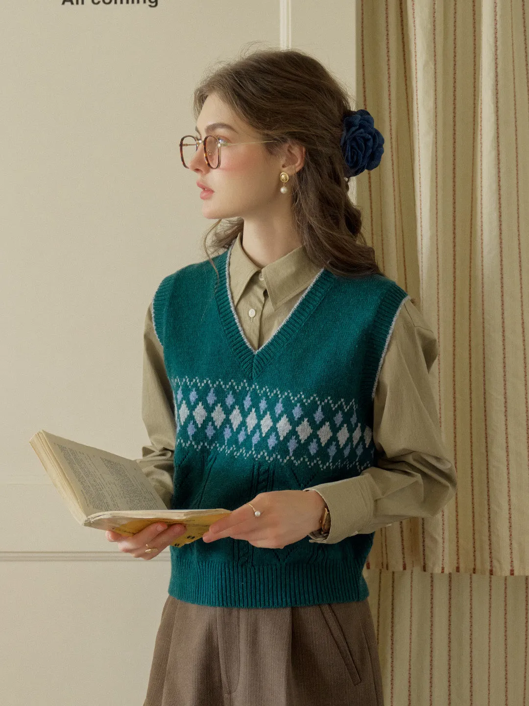 Janiyah Vintage Fair Isle V-Neck Ribbed Jacquard Wool Knit Vest sold by Simple Retro