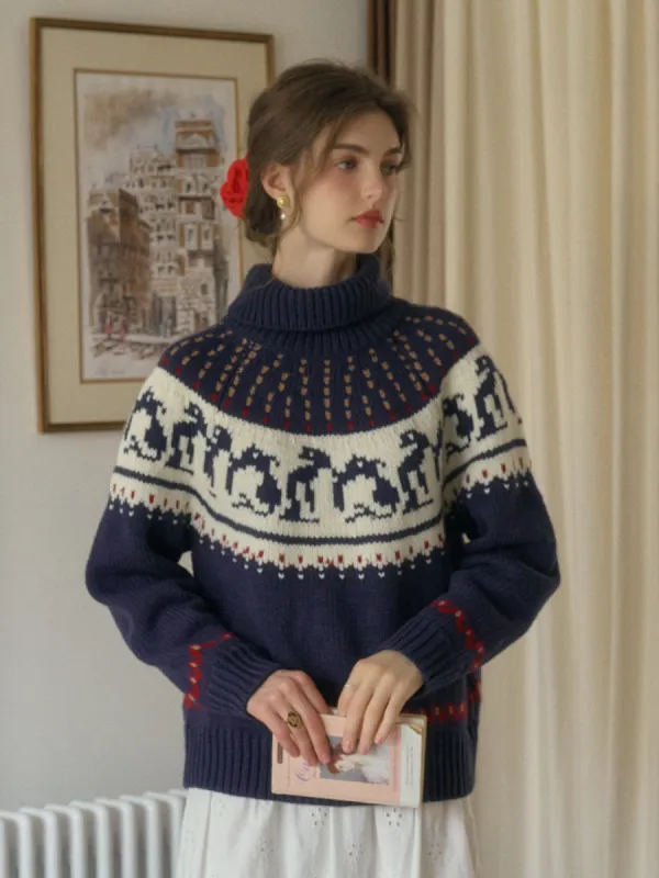 Brittany Turtleneck SR Exclusive Penguin Design Fair Isle Wool Sweater sold by Simple Retro
