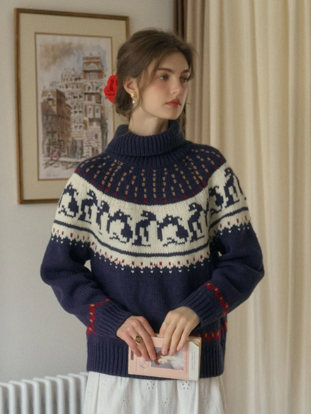 Brittany Turtleneck SR Exclusive Penguin Design Fair Isle Wool Sweater sold by Simple Retro