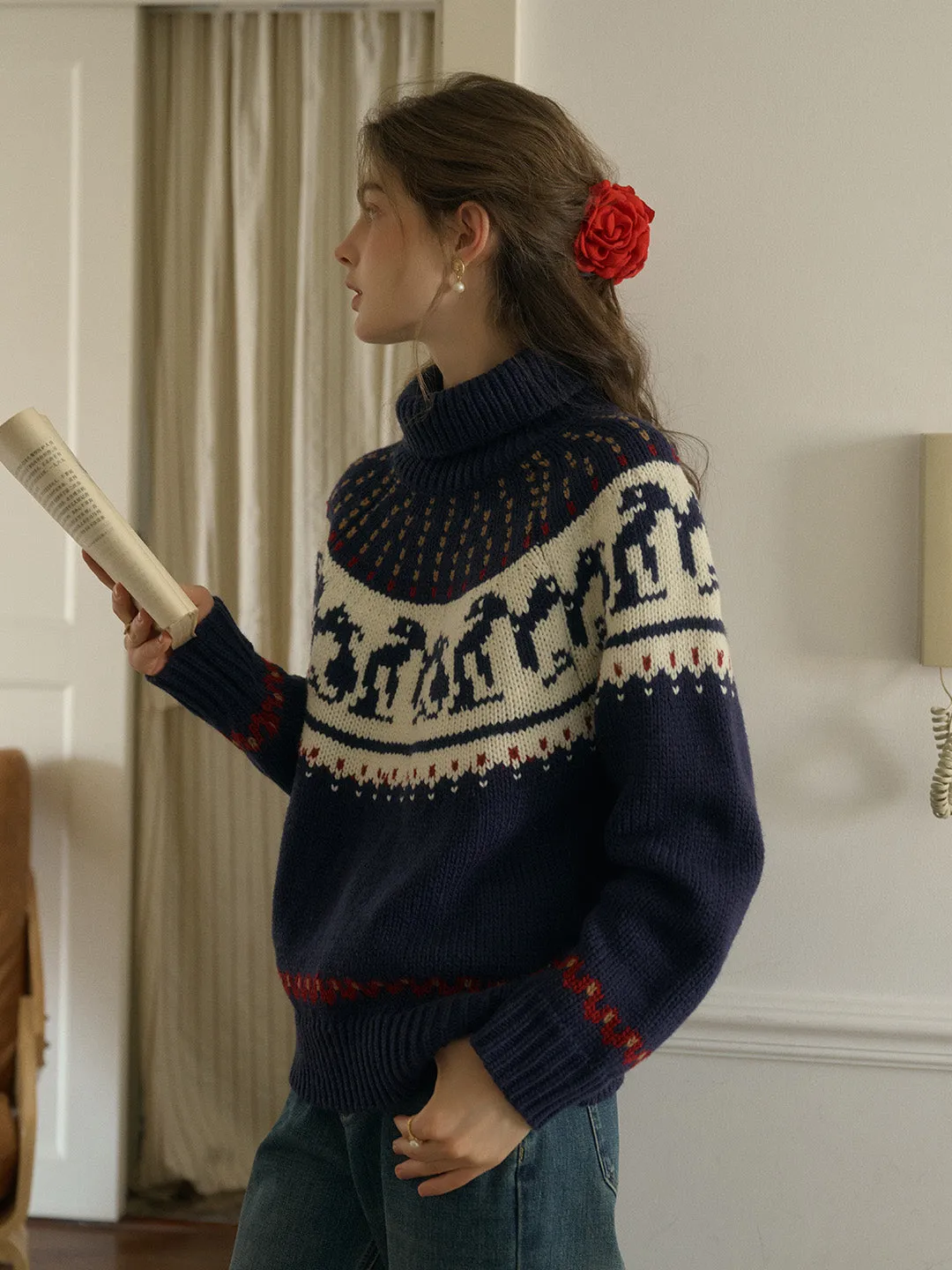 Brittany Turtleneck SR Exclusive Penguin Design Fair Isle Wool Sweater sold by Simple Retro product image thumbnail 4