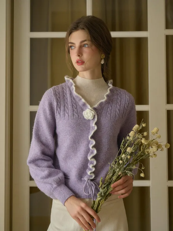 Miller Trimmed Neck Hollow 3D Flower Knitted Cardigan made by Simple Retro