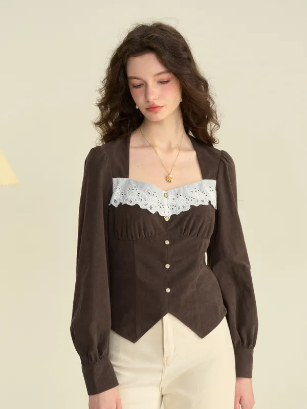 【Final Sale】Zainab French Style Contrasting Lace Lapel Long Sleeve Blouse sold by Simple Retro