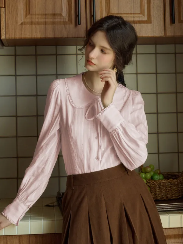 【Final Sale】Addilyn Romantic Doll Collar Lace Stitching Tie Eedwardian Style Blouse - Pink sold by Simple Retro