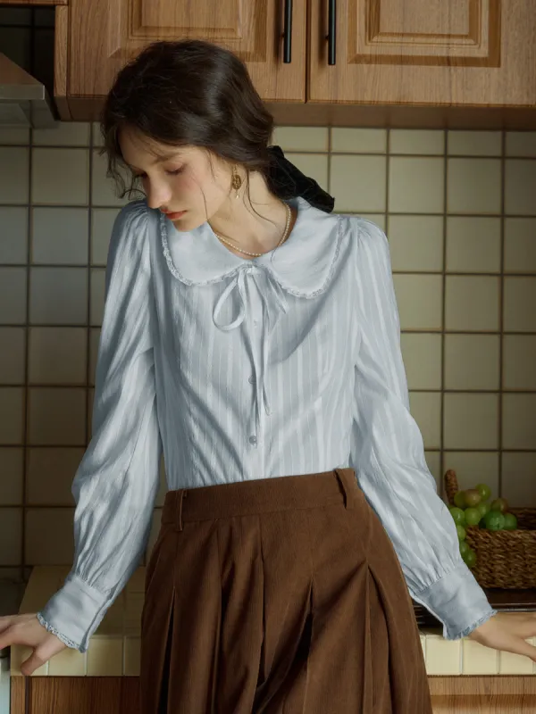 【Final Sale】Addilyn Romantic Doll Collar Lace Stitching Tie Eedwardian Style Blouse - Blue sold by Simple Retro
