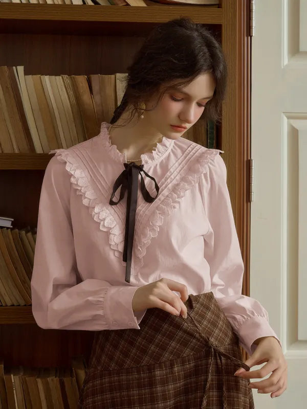 【Final Sale】Yareli Vintage Lace Panel Contrasting Lace-up Round Neck Blouse - Pink sold by Simple Retro
