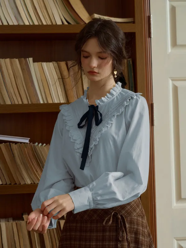 【Final Sale】Yareli Vintage Lace Panel Contrasting Lace-up Round Neck Blouse - Blue sold by Simple Retro