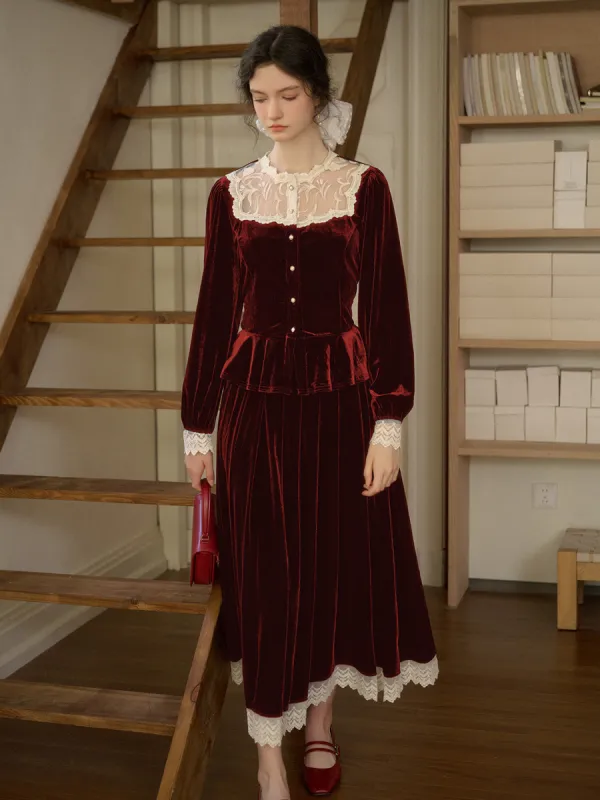 Cynthia Elegant French Style Contrasting Lace Lapel Cuffs Lace Splicing Velvet Blouse - Red sold by Simple Retro