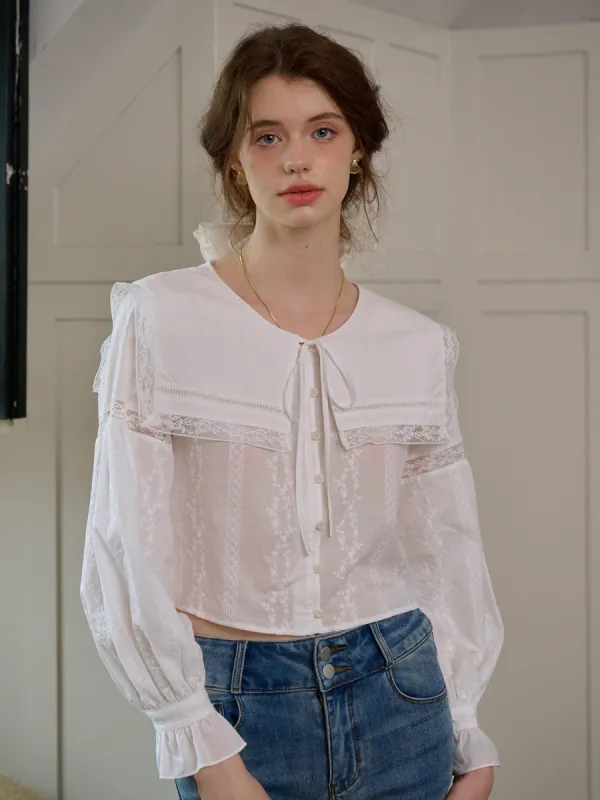 【Final Sale】Madilynn Embroidered Cotton Blouse With Removable Collar sold by Simple Retro