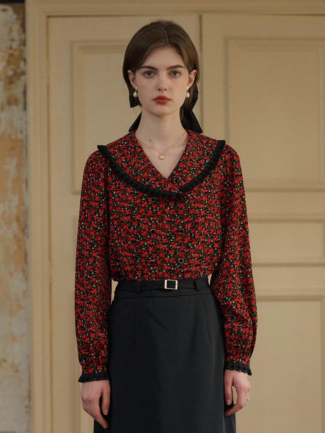 【Final Sale】Indy Notched Lapel Contrasting Floral Blouse sold by Simple Retro product image thumbnail 3