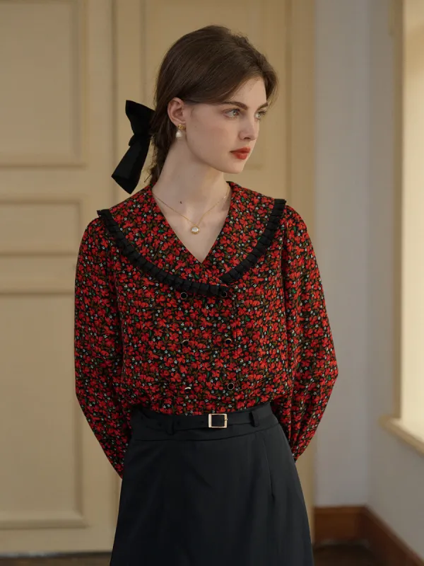 【Final Sale】Indy Notched Lapel Contrasting Floral Blouse sold by Simple Retro
