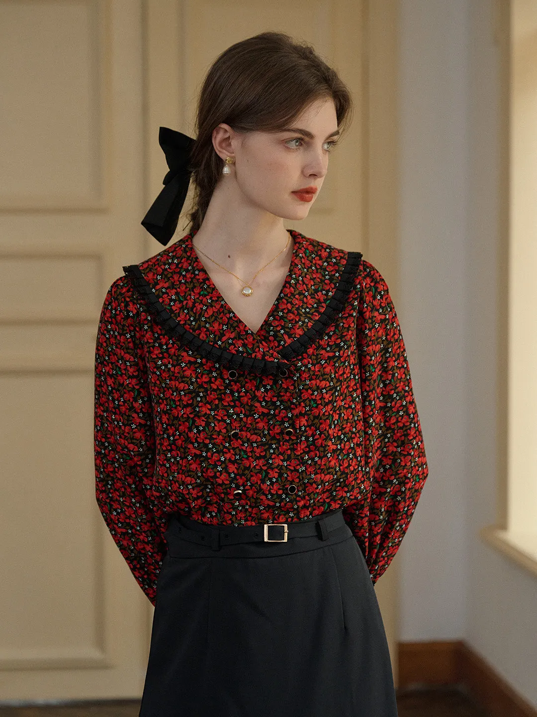 【Final Sale】Indy Notched Lapel Contrasting Floral Blouse sold by Simple Retro