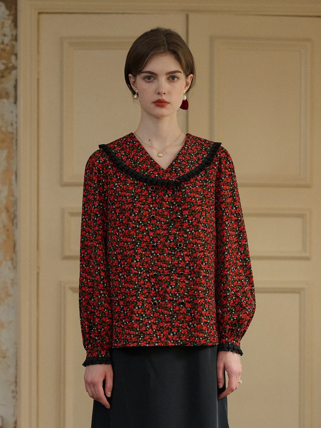 【Final Sale】Indy Notched Lapel Contrasting Floral Blouse sold by Simple Retro product image thumbnail 2