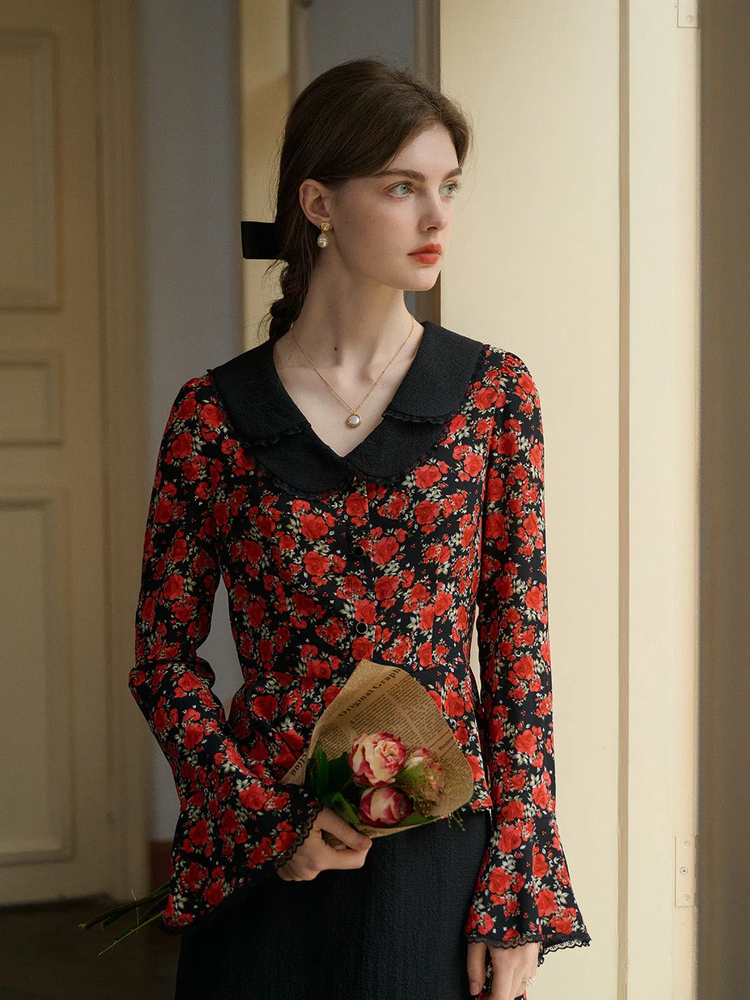 【Final Sale】Kamiyah Elegant Notched Lapel Contrasting Floral Blouse sold by Simple Retro product image thumbnail 5