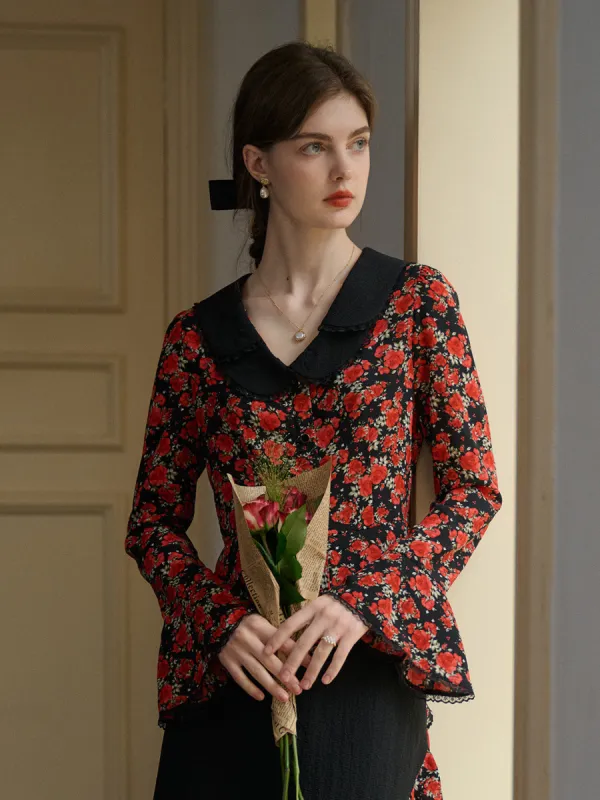 【Final Sale】Kamiyah Elegant Notched Lapel Contrasting Floral Blouse sold by Simple Retro