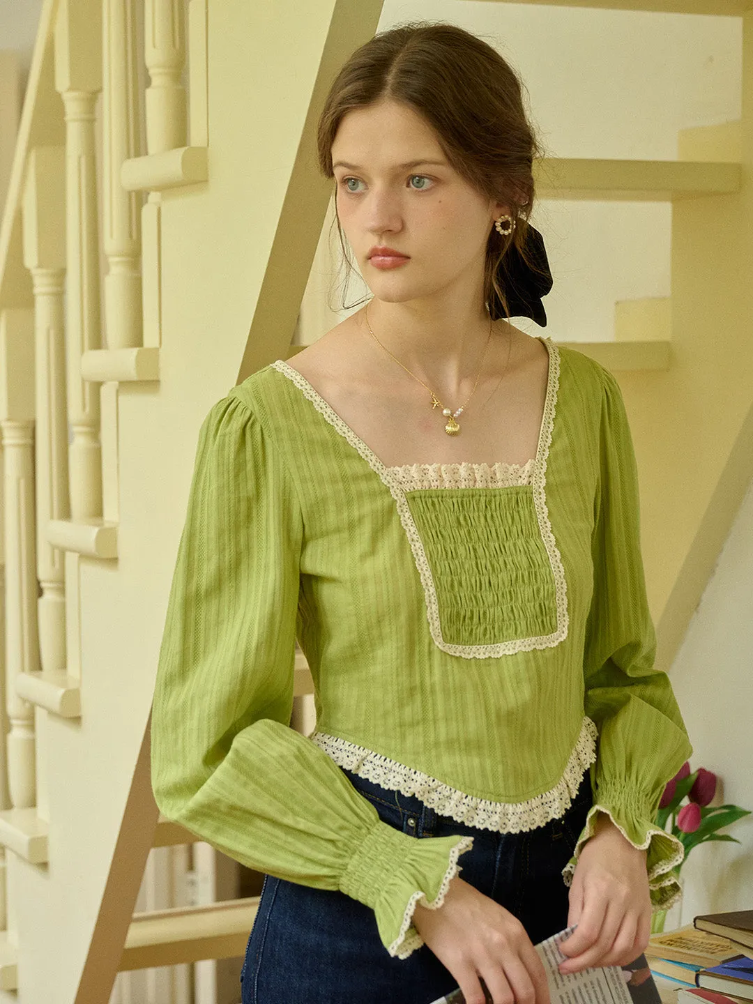 【Final Sale】August Square Collar Trimmed Pleated Cotton Blouse sold by Simple Retro